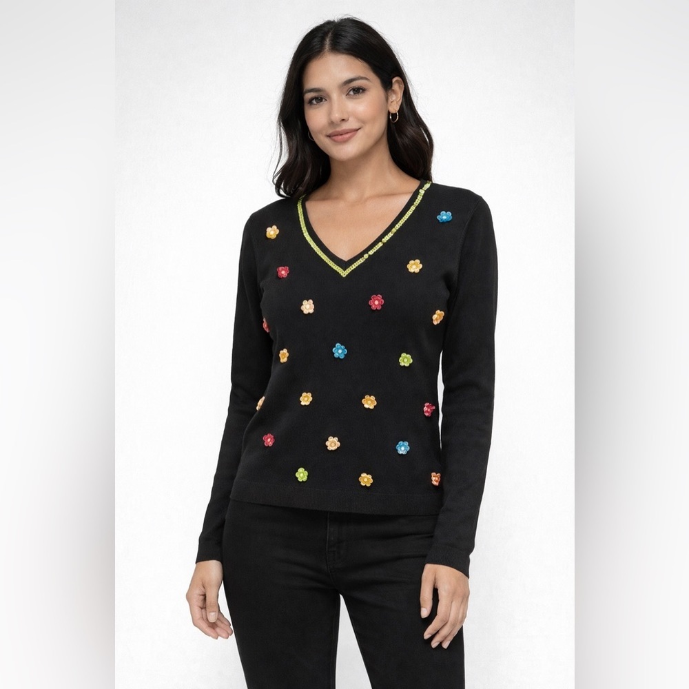 🌸 Color Works Black Beaded Floral Sweater V-Neck Long Sleeve M 🌈